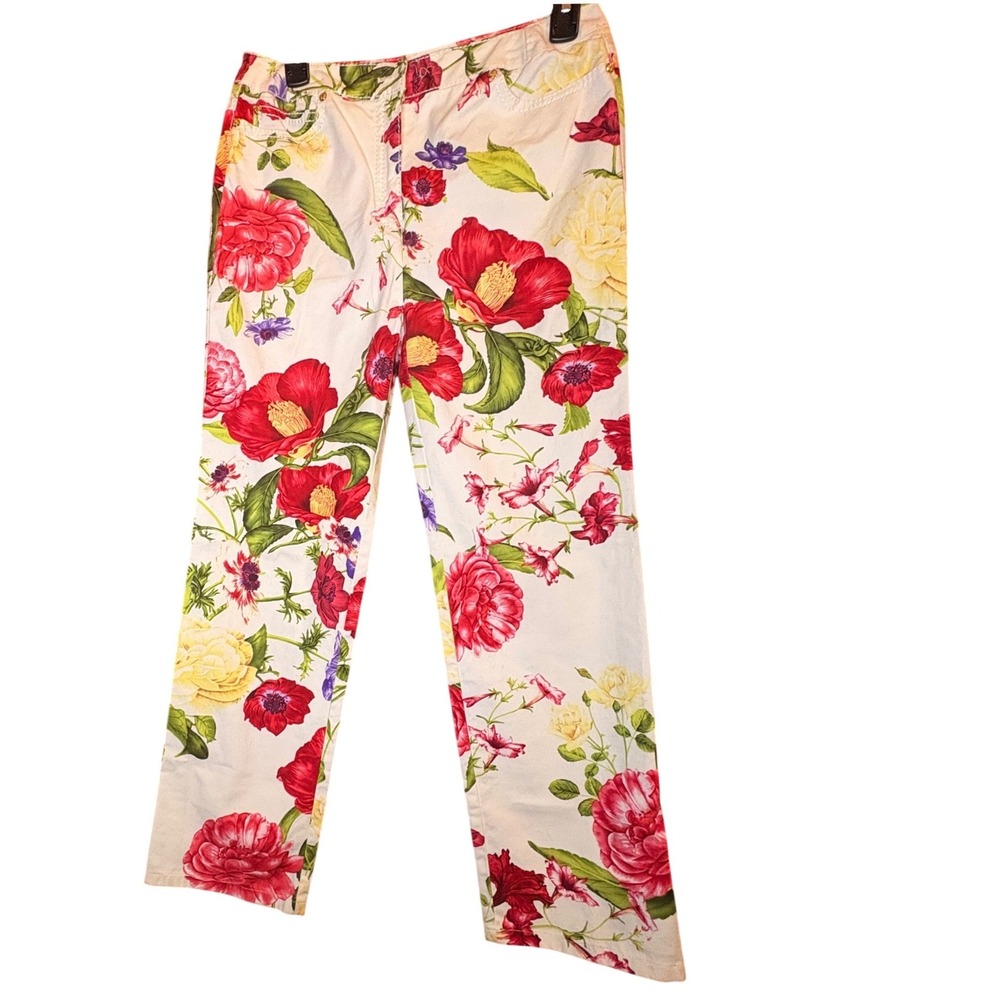 Carlisle Womens Floral Print Straight Leg Cotton Stretch Pants White Red Size 6